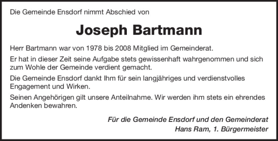 Traueranzeige von Joseph Bartmann von Mittelbayerische Zeitung Schwandorf