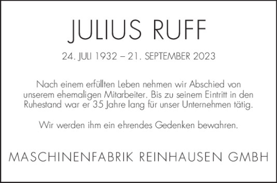 Traueranzeige von Julius Ruff von Mittelbayerische Zeitung Regensburg