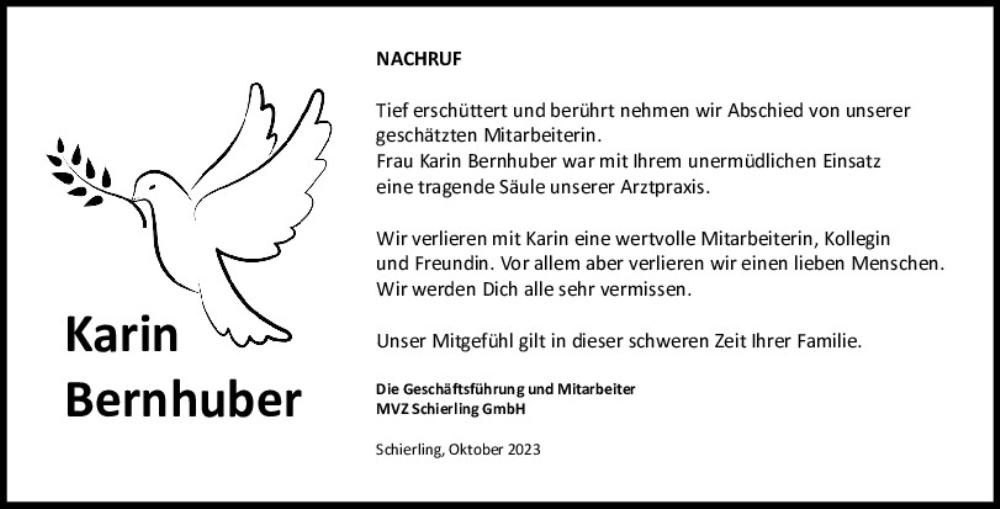  Traueranzeige für Karin Bernhuber vom 21.10.2023 aus Mittelbayerische Zeitung Regensburg