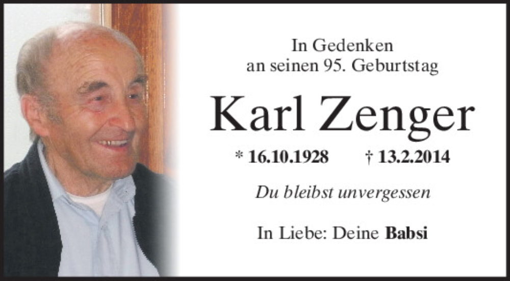  Traueranzeige für Karl Zenger vom 16.10.2023 aus Mittelbayerische Zeitung Regensburg