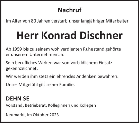 Traueranzeige von Konrad Dischner von Neumarkter Tagblatt