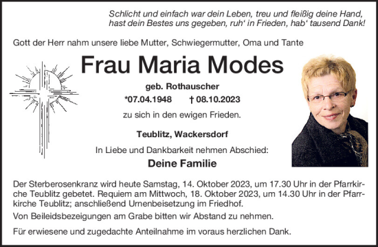Traueranzeige von Maria Modes von Mittelbayerische Zeitung Schwandorf