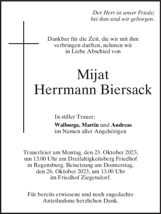 Traueranzeige von Mijat Herrmann Biersack von Mittelbayerische Zeitung Regensburg