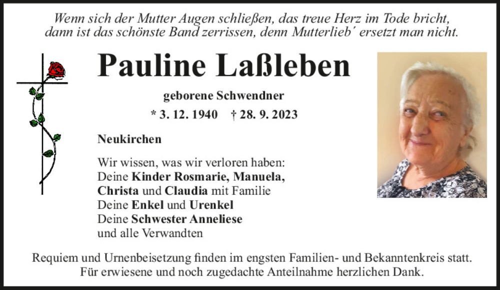  Traueranzeige für Pauline Laßleben vom 03.10.2023 aus Mittelbayerische Zeitung Regensburg