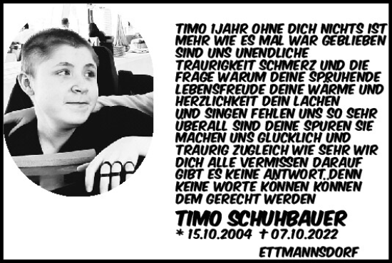 Traueranzeige von Timo Schuhbauer von Mittelbayerische Zeitung Schwandorf