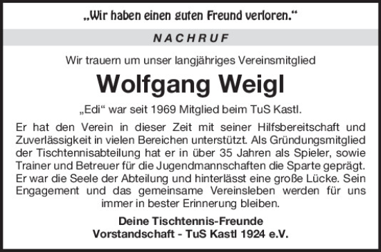 Traueranzeige von Wolfgang Weigl von Neumarkter Tagblatt