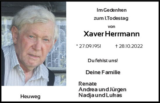 Traueranzeige von Xaver Herrmann von Mittelbayerische Zeitung Regensburg