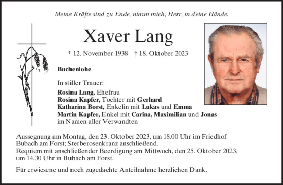 Traueranzeige von Xaver Lang von Mittelbayerische Zeitung Regensburg