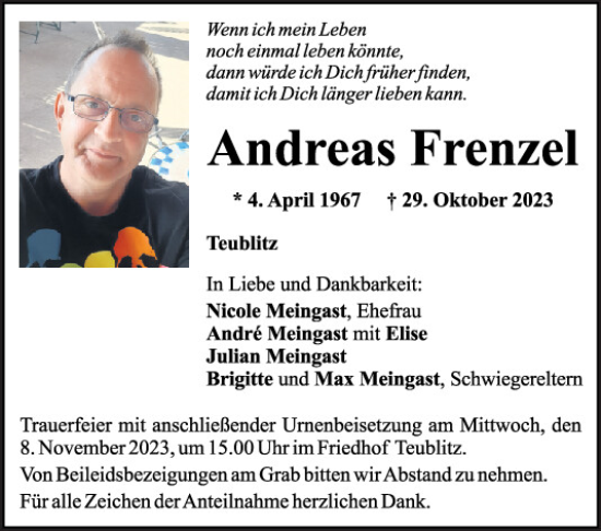 Traueranzeige von Andreas Frenzel von Mittelbayerische Zeitung Schwandorf