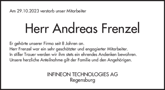 Traueranzeige von Andreas Frenzel von Mittelbayerische Zeitung Schwandorf