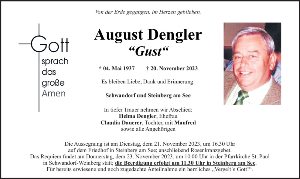  Traueranzeige für August Dengler vom 21.11.2023 aus Mittelbayerische Zeitung Schwandorf