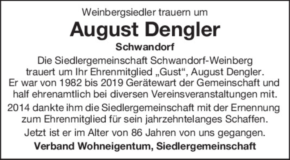  Traueranzeige für August Dengler vom 23.11.2023 aus Mittelbayerische Zeitung Schwandorf
