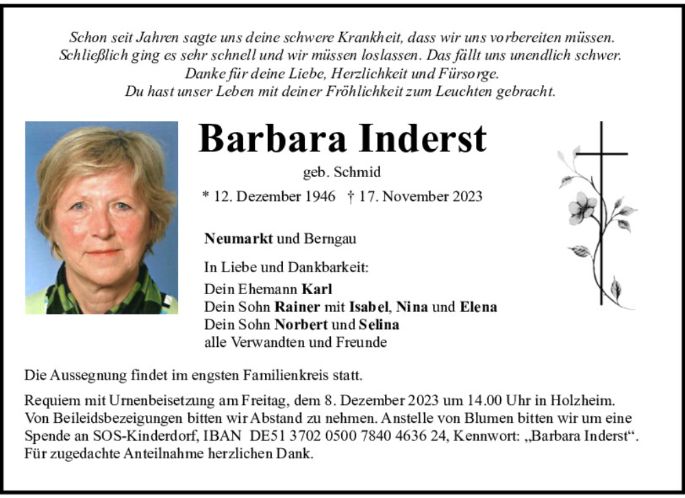  Traueranzeige für Barbara Inderst vom 21.11.2023 aus Neumarkter Tagblatt