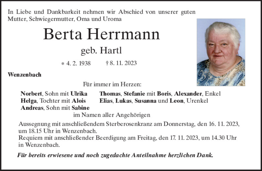  Traueranzeige für Berta Herrmann vom 11.11.2023 aus Mittelbayerische Zeitung Regensburg