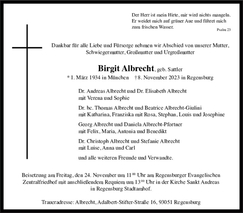  Traueranzeige für Birgit Albrecht vom 15.11.2023 aus Mittelbayerische Zeitung Regensburg