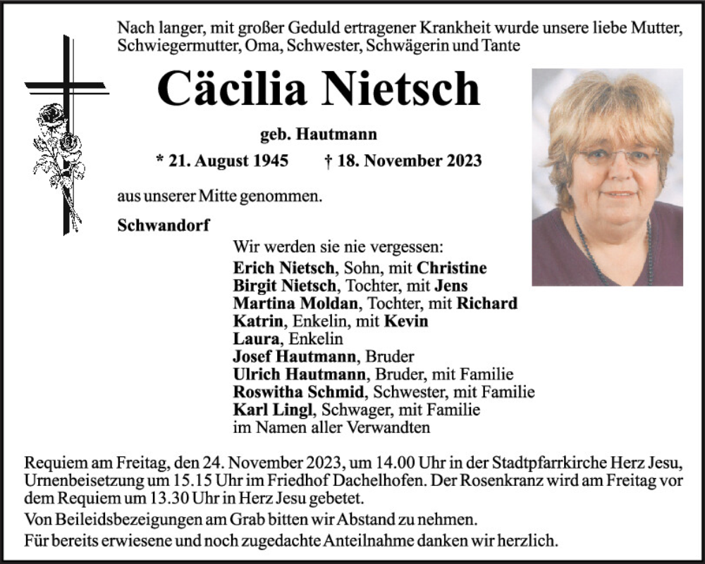  Traueranzeige für Cäcilia Nietsch vom 21.11.2023 aus Mittelbayerische Zeitung Schwandorf