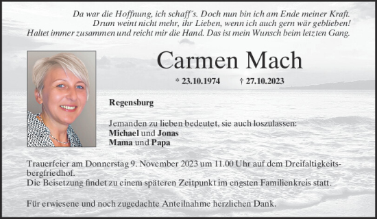 Traueranzeige von Carmen Mach von Mittelbayerische Zeitung Regensburg