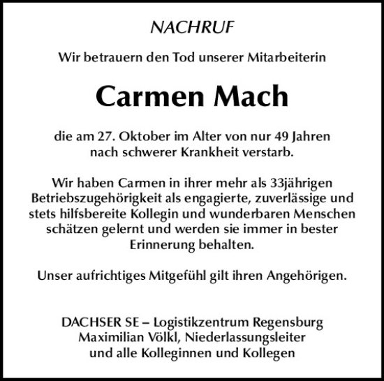 Traueranzeige von Carmen Mach von Mittelbayerische Zeitung Gesamtausgabe