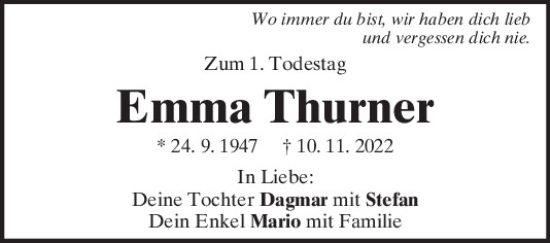 Traueranzeige von Emma Thurner von Neumarkter Tagblatt