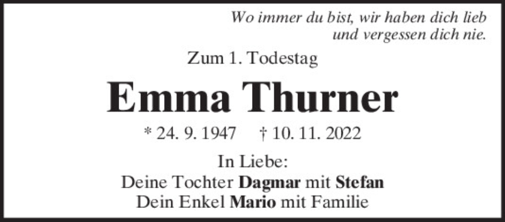  Traueranzeige für Emma Thurner vom 10.11.2023 aus Neumarkter Tagblatt