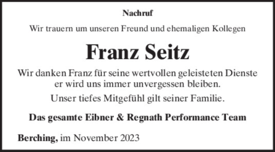 Traueranzeige von Franz Seitz von Neumarkter Tagblatt