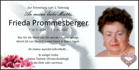 Traueranzeige von Frieda Prommesberger von Mittelbayerische Zeitung Regensburg