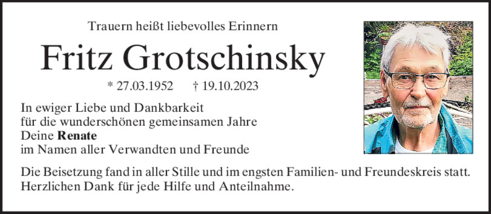  Traueranzeige für Fritz Grotschinsky vom 11.11.2023 aus Mittelbayerische Zeitung Regensburg
