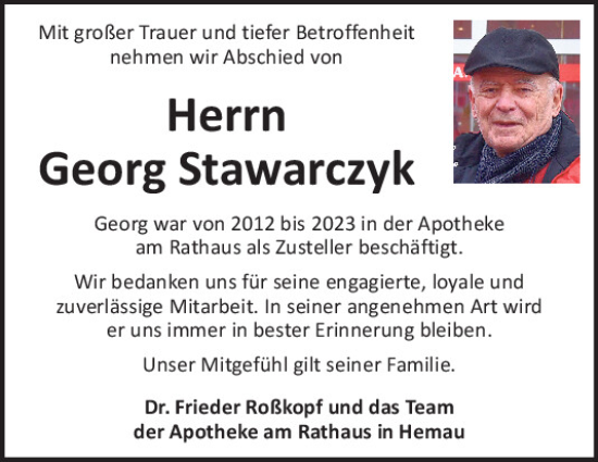 Traueranzeige von Georg Stawarczyk von Mittelbayerische Zeitung Regensburg