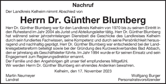 Traueranzeige von Günther Blumberg von Mittelbayerische Zeitung Kelheim