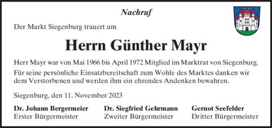 Traueranzeige von Günther Mayr von Mittelbayerische Zeitung Kelheim