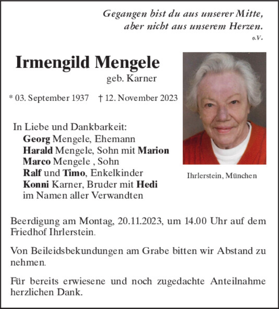  Traueranzeige für Irmengild Mengele vom 16.11.2023 aus Mittelbayerische Zeitung Kelheim