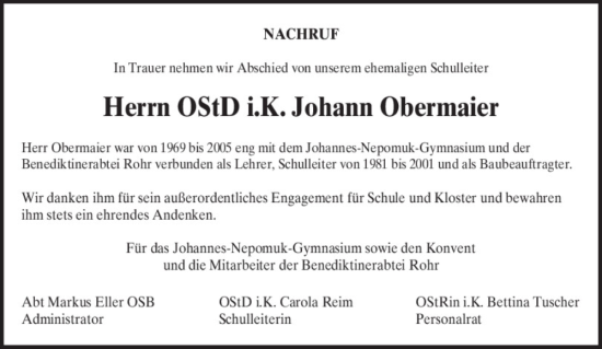 Traueranzeige von Johann Obermaier von Mittelbayerische Zeitung Regensburg