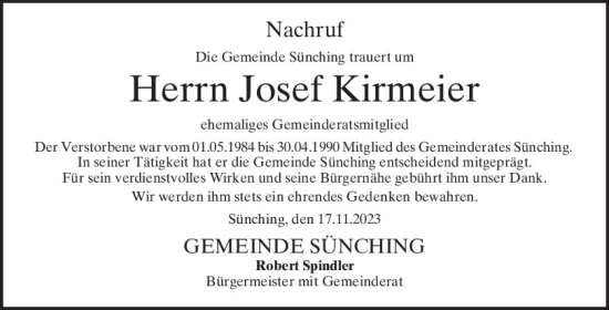 Traueranzeige von Josef Kirmeier von Mittelbayerische Zeitung Regensburg