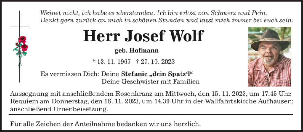  Traueranzeige für Josef Wolf vom 11.11.2023 aus Mittelbayerische Zeitung Regensburg