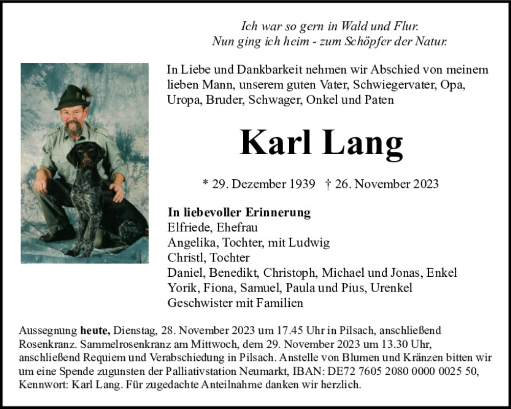  Traueranzeige für Karl Lang vom 28.11.2023 aus Neumarkter Tagblatt