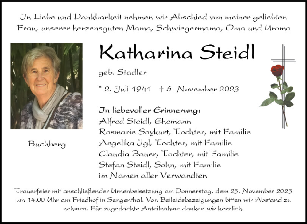  Traueranzeige für Katharina Steidl vom 18.11.2023 aus Neumarkter Tagblatt