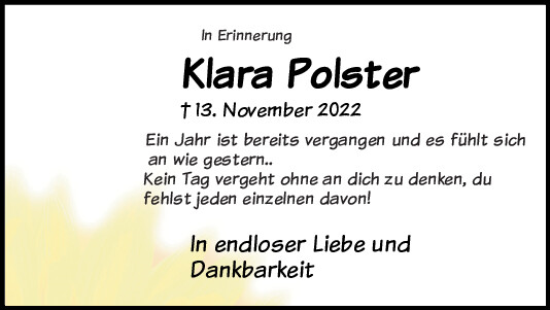 Traueranzeige von Klara Polster von Neumarkter Tagblatt