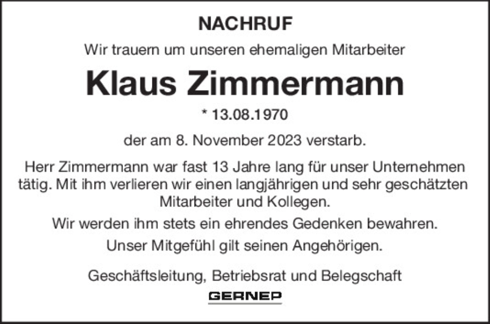  Traueranzeige für Klaus Zimmermann vom 18.11.2023 aus Mittelbayerische Zeitung Regensburg