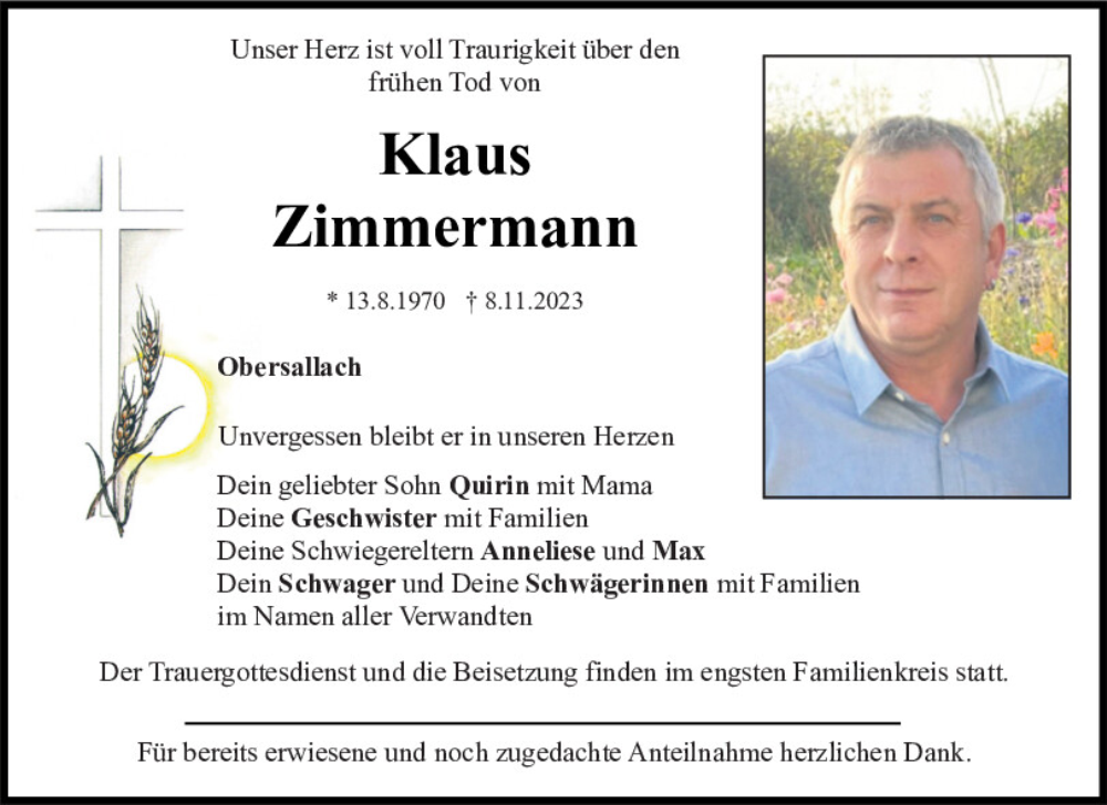  Traueranzeige für Klaus Zimmermann vom 16.11.2023 aus Bayerwald Echo