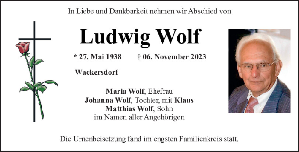  Traueranzeige für Ludwig Wolf vom 18.11.2023 aus Mittelbayerische Zeitung Schwandorf