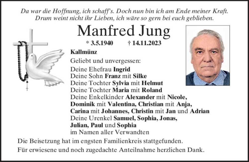  Traueranzeige für Manfred Jung vom 18.11.2023 aus Mittelbayerische Zeitung Regensburg