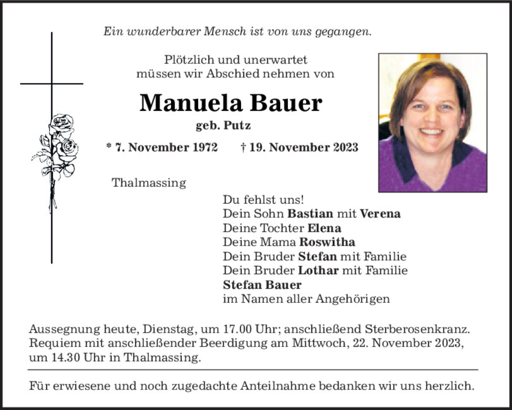  Traueranzeige für Manuela Bauer vom 21.11.2023 aus Mittelbayerische Zeitung Regensburg