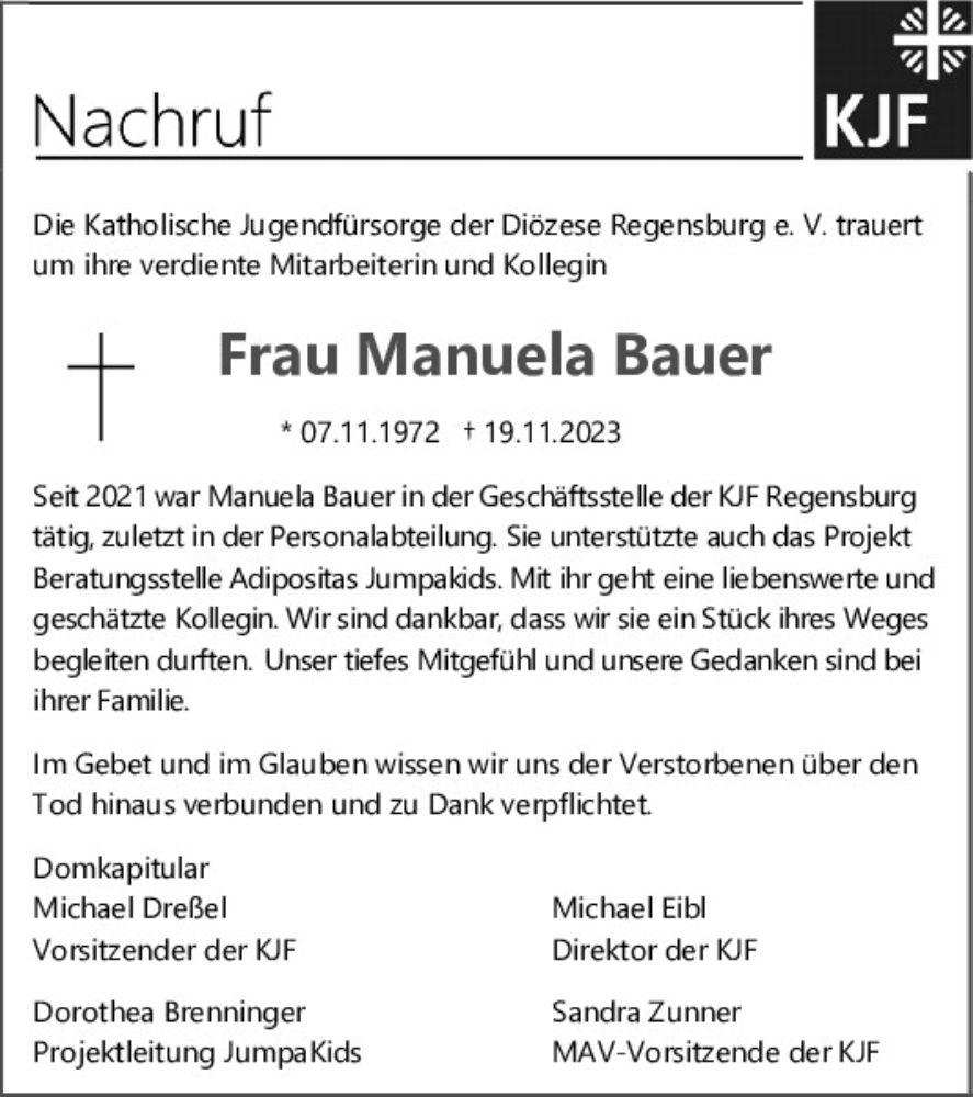 Traueranzeige für Manuela Bauer vom 25.11.2023 aus Mittelbayerische Zeitung Regensburg