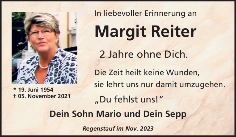  Traueranzeige für Margit Reiter vom 04.11.2023 aus Mittelbayerische Zeitung Regensburg