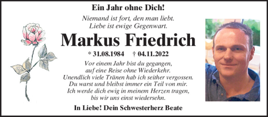 Traueranzeige von Markus Friedrich von Mittelbayerische Zeitung Schwandorf