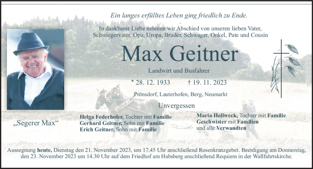  Traueranzeige für Max Geitner vom 21.11.2023 aus Neumarkter Tagblatt