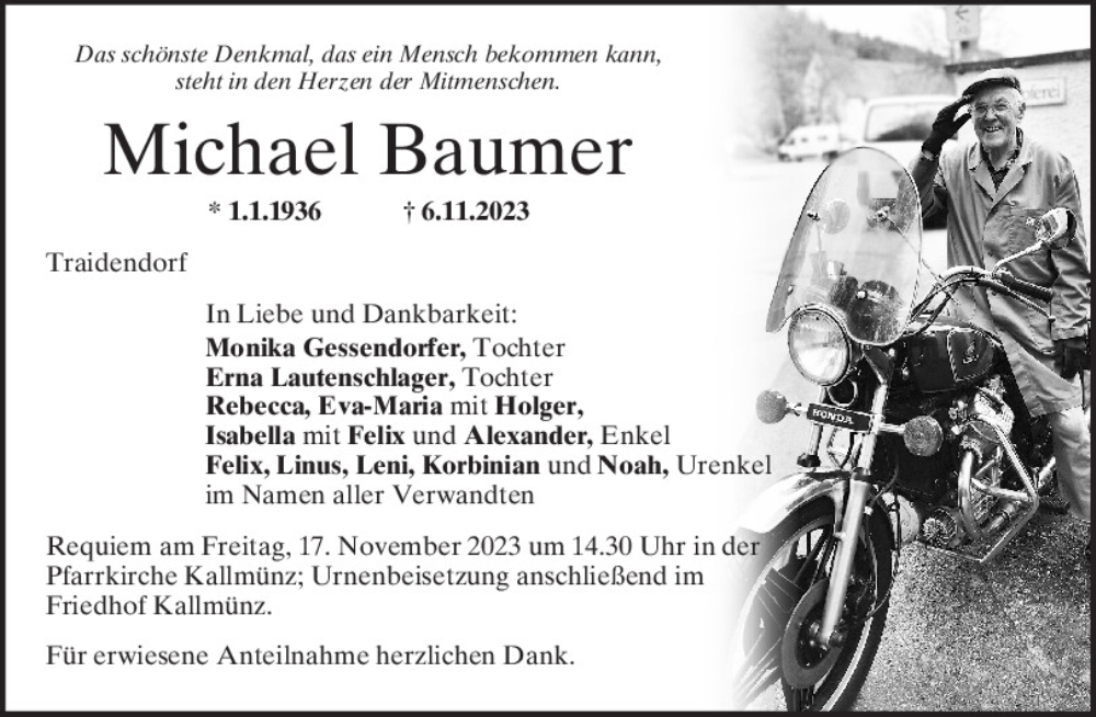  Traueranzeige für Michael Baumer vom 11.11.2023 aus Mittelbayerische Zeitung Regensburg
