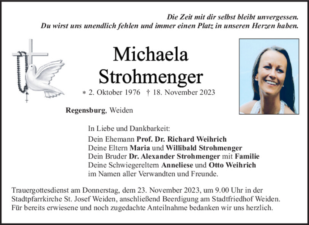  Traueranzeige für Michaela Strohmenger vom 21.11.2023 aus Neumarkter Tagblatt