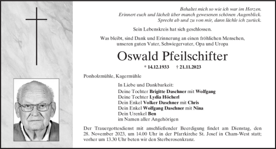 Traueranzeige von Oswald Pfeilschifter von Bayerwald Echo