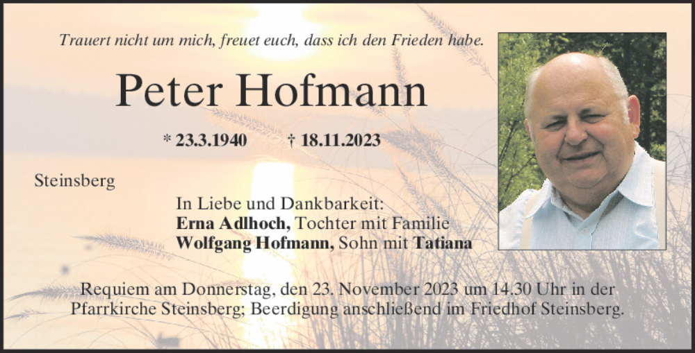  Traueranzeige für Peter Hofmann vom 21.11.2023 aus Mittelbayerische Zeitung Regensburg